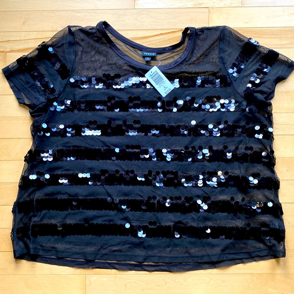 Torrid mesh and sequin stripe top